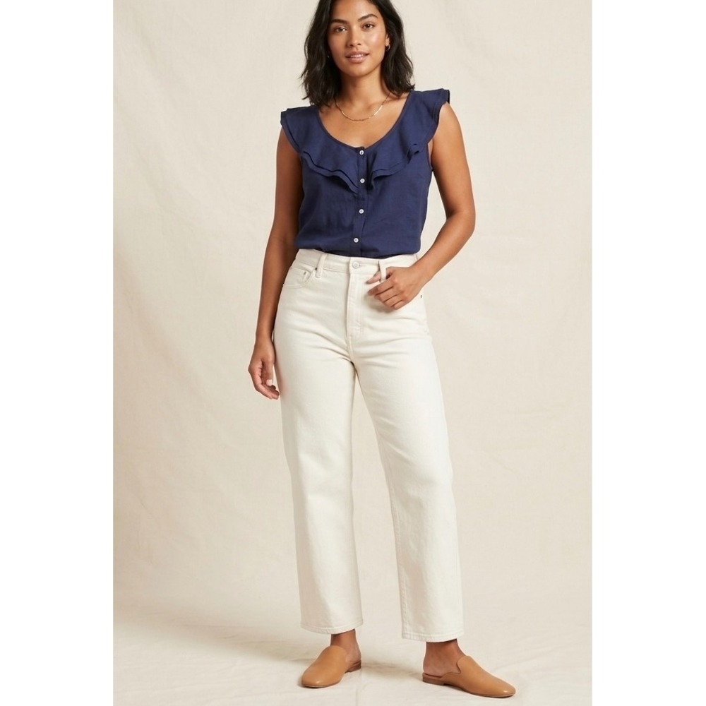 Old Navy Linen Blend Top Women L Blue Ruffle Button Front Casual Coastal Chic